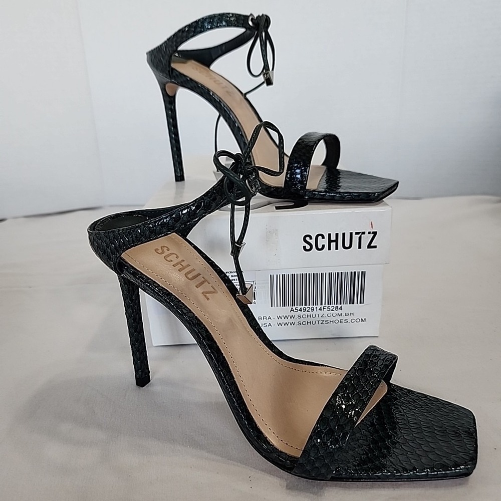 Schutz Mavis Green‎ Leather Heeled Mule Sandals Women's 8B Snake - Picture 2 of 5